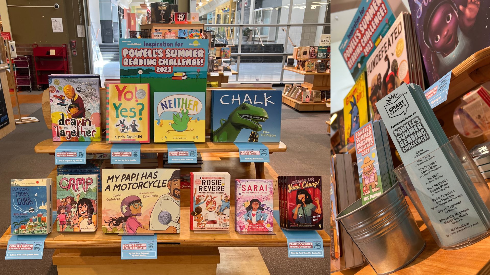 Recommended books and bookmark on display for the Powell's summer reading challenge.