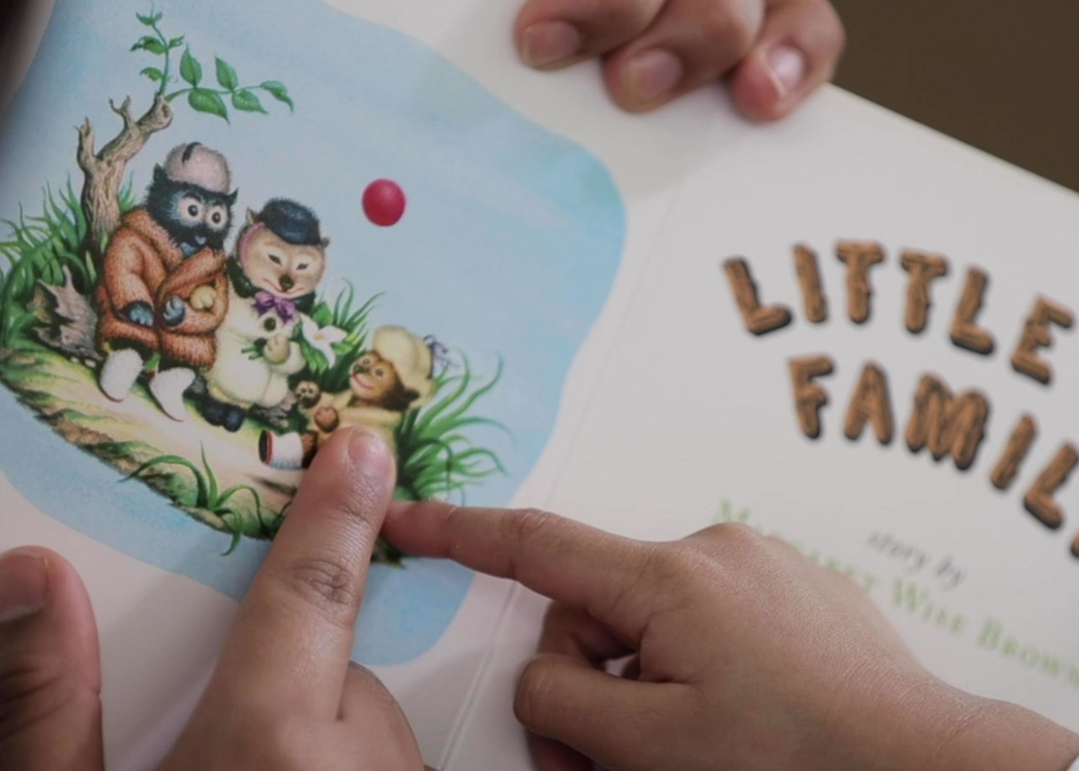 Adult and child hands pointing at a picture in a board book.