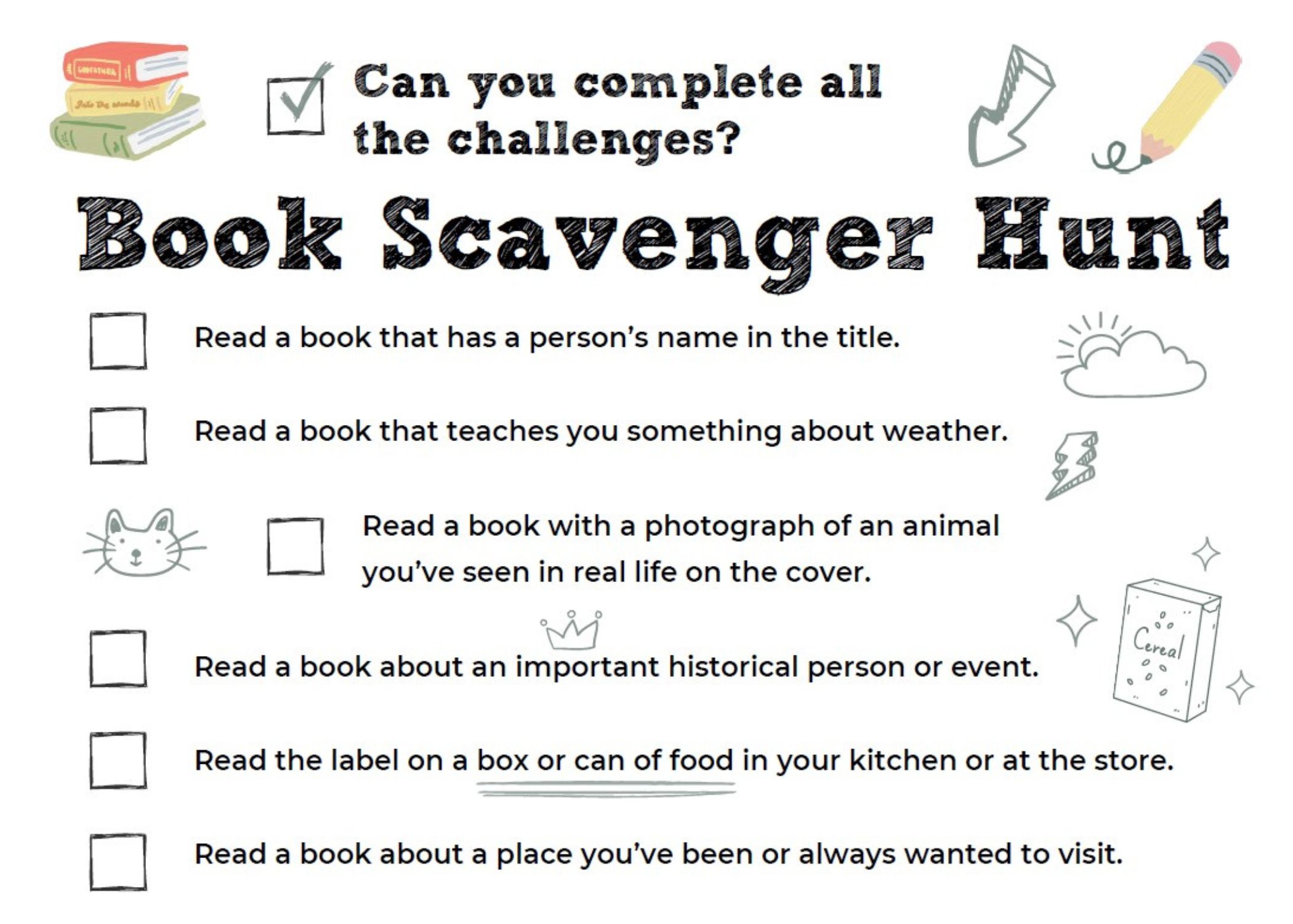 An image of the top half of the Book Scavenger Hunt activity sheet