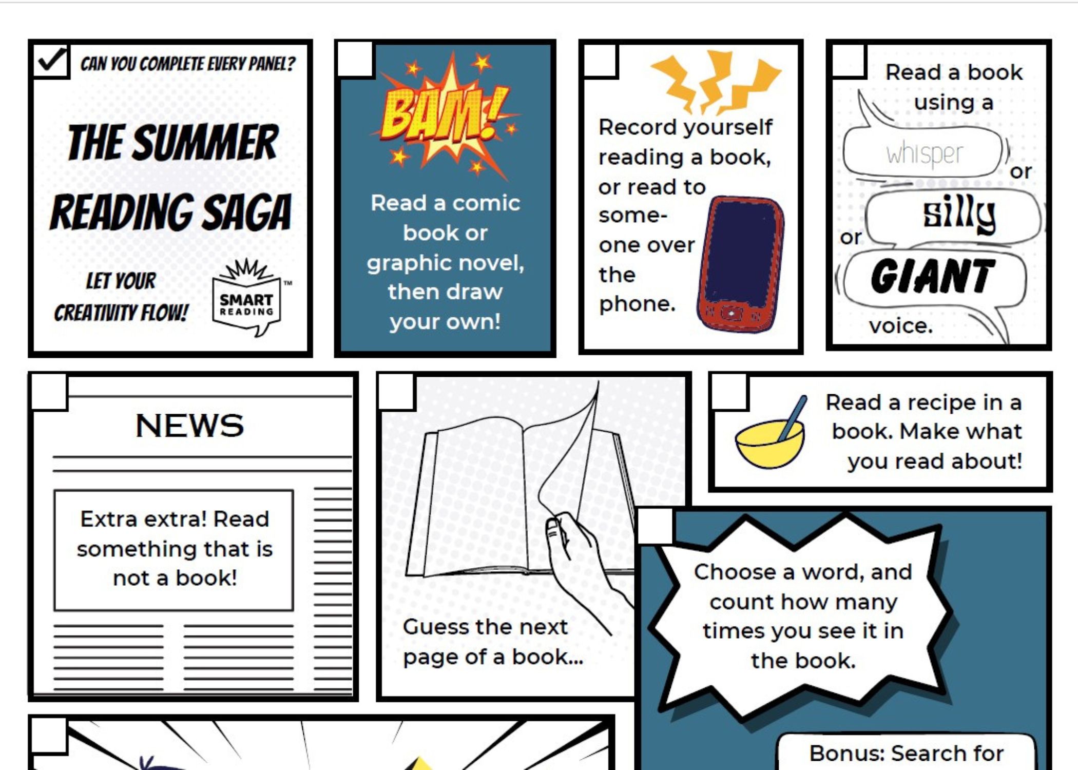An image of the top half of the Summer Reading Saga activity sheet